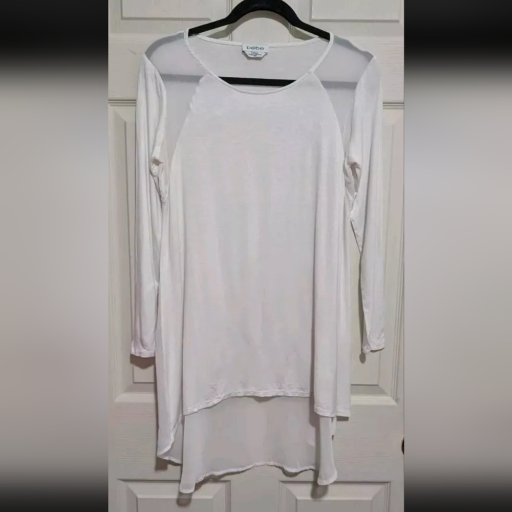 bebe White Oversized Tunic Top Blouse XS Sheer Panel Long Sleeve Lightweight